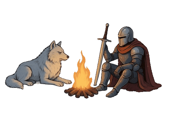 Acampamento: lobo e guerreiro ao lado da fogueira